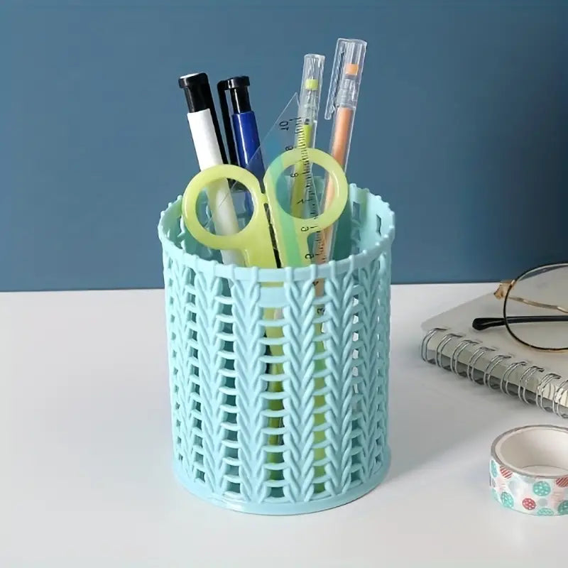 Round Hollow Imitation Rattan Pen Holder for Desk Storage